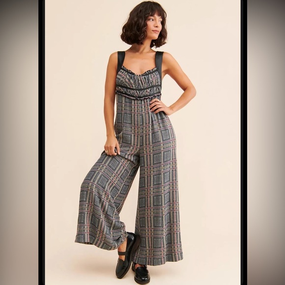 NWT Free People Marley Jumpsuit Sz Small Plaid Wide Leg Z188-27